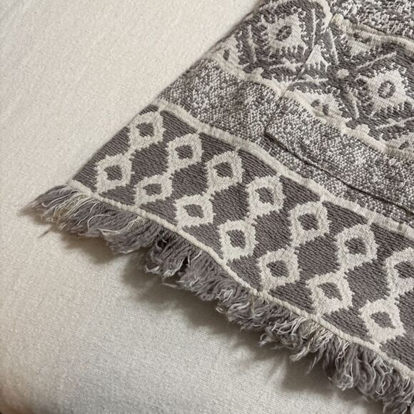 World Market Women's‎ Boho Rug Jacket L/XL Gray Cream Aztec Fringe Trim - Picture 7 of 13